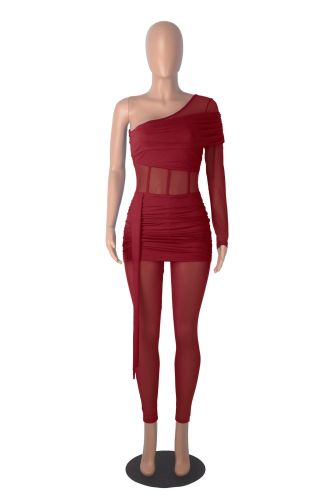 Single shoulder long sleeved milk silk splicing jumpsuit