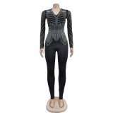 Solid color V-neck diamond hot pressed long sleeved pants jumpsuit
