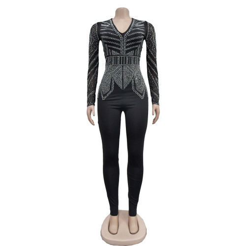 Solid color V-neck diamond hot pressed long sleeved pants jumpsuit