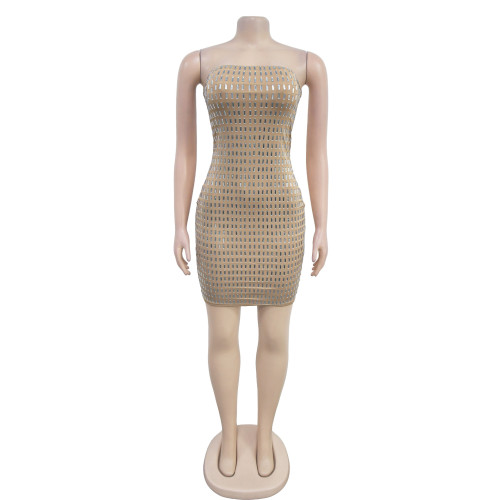 Women's hot stamping diamond backless solid color dress
