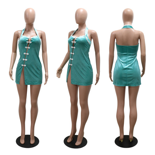 Sleeveless backless slit skirt, hip hugging dress