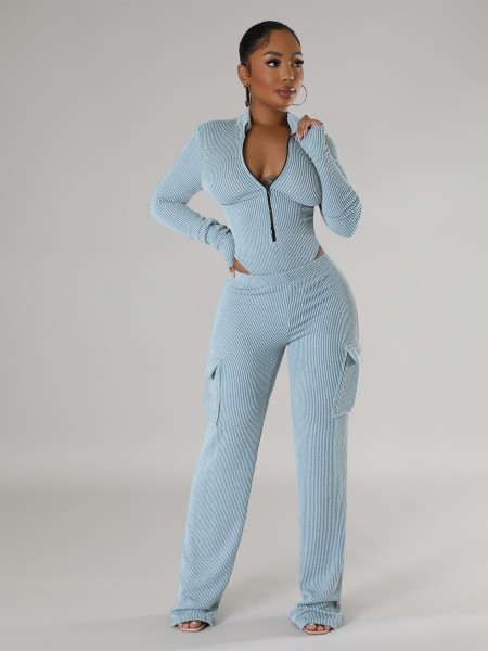 Elastic high waisted long sleeved jumpsuit work pants set