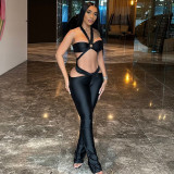 Hollow out sleeveless hanging neck and exposed navel low waist pants set