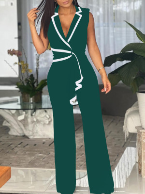 V-neck sleeveless jumpsuit wide leg pants