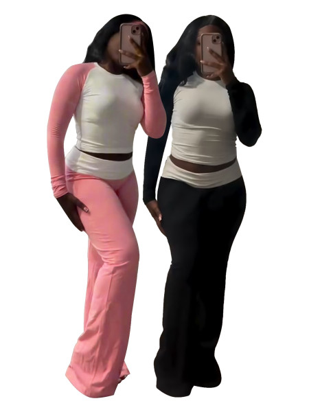 Color blocking tight fitting high waisted folded pants with plush suit