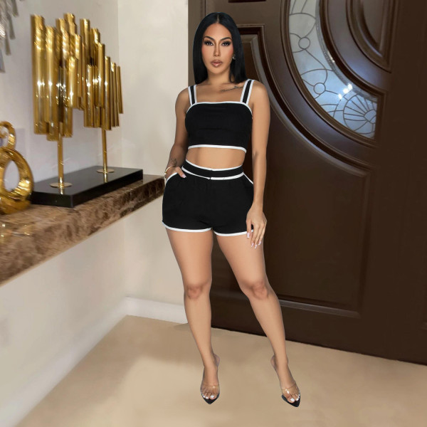 Solid color suspender shorts two-piece set