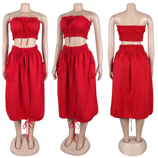 Strapless top, high waisted long skirt, drawstring two-piece set