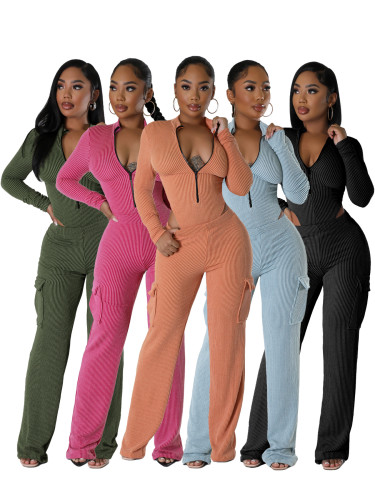 Elastic high waisted long sleeved jumpsuit work pants set