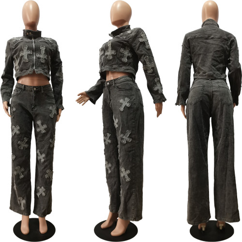 Cross wash water boiled denim pants