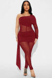 Single shoulder long sleeved milk silk splicing jumpsuit