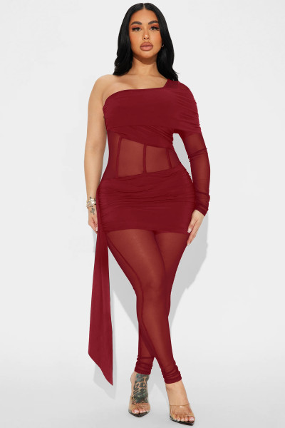 Single shoulder long sleeved milk silk splicing jumpsuit