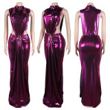 Metal round buckle shiny slit high neck sleeveless long dress