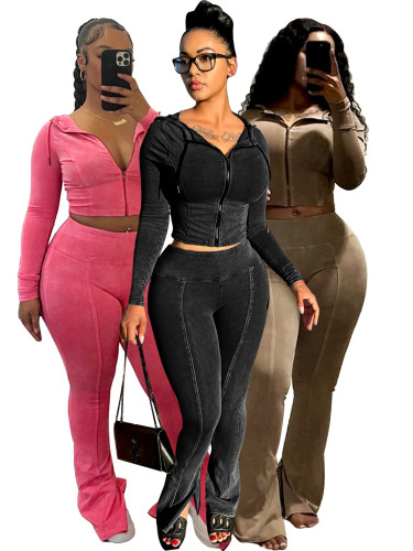 Two piece set of washed and worn hooded bell bottom pants