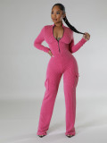 Elastic high waisted long sleeved jumpsuit work pants set