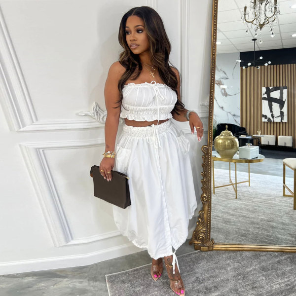 Strapless top, high waisted long skirt, drawstring two-piece set