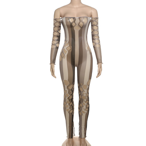 One shoulder hollowed out see through high waisted tight fitting jumpsuit