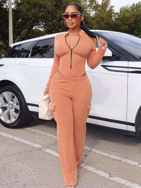 Elastic high waisted long sleeved jumpsuit work pants set