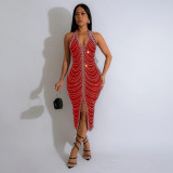 Hot stamping backless tight slit dress