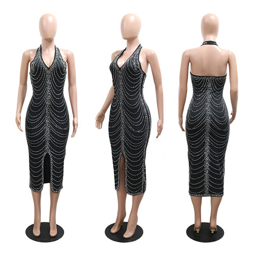 Hot stamping backless tight slit dress