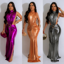 Metal round buckle shiny slit high neck sleeveless long dress