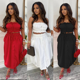 Strapless top, high waisted long skirt, drawstring two-piece set