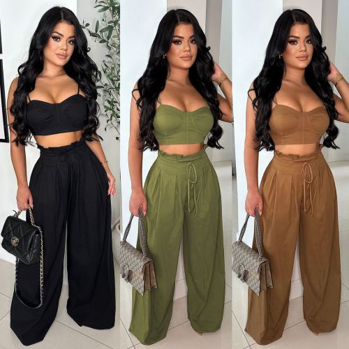 Waist strap vest set, wide leg strap, non elastic pants two-piece set