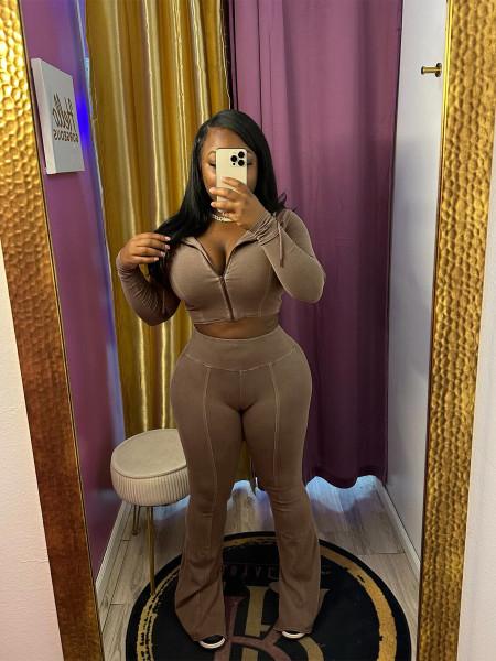 Two piece set of washed and worn hooded bell bottom pants
