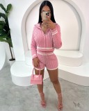 Knitted contrasting collar pullover sweater shorts set