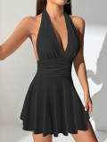 Strap V-neck tight pleated short skirt