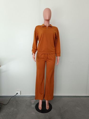 Zipper Half High Collar Top Pants Two Piece Set