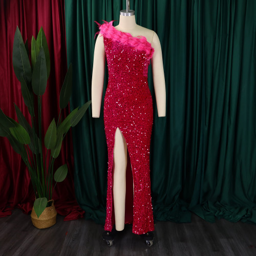 Slanted collar high waist slit sequin long skirt