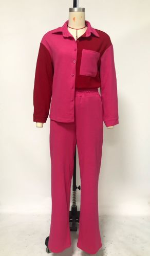 Color blocked pocket shirt two-piece set