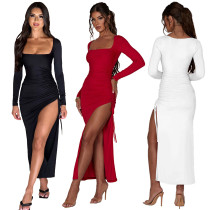 Large slit square neck drawstring long skirt Large slit square neck drawstring long skirt