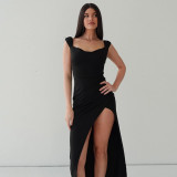 Tailored slit backless lace up long skirt with hip wrap