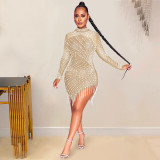 Mesh see through rhinestone tassel round neck long sleeved dress