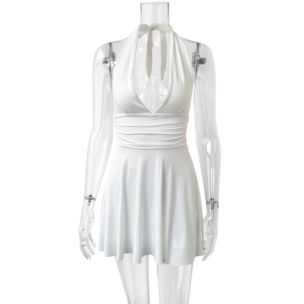 Strap V-neck tight pleated short skirt