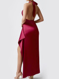 Round neck slit lace up backless pleated hip hugging long skirt