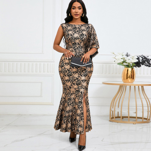 One shoulder hot stamping long dress