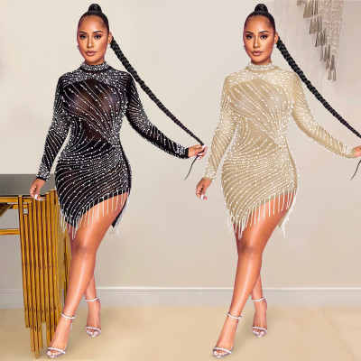 Mesh see through rhinestone tassel round neck long sleeved dress