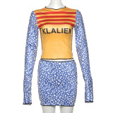 Long sleeved shirt with exposed navel, high waist, polka dot, hip hugging skirt set