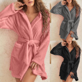 Hooded home plush pajamas solid color warm bathrobe