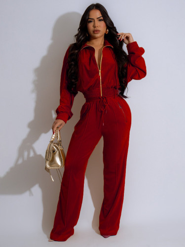 Long sleeved lapel zipper cardigan long pants two-piece set