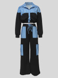 Striped patchwork long sleeved lace up shirt straight leg pants set