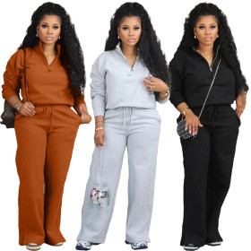 Zipper Half High Collar Top Pants Two Piece Set