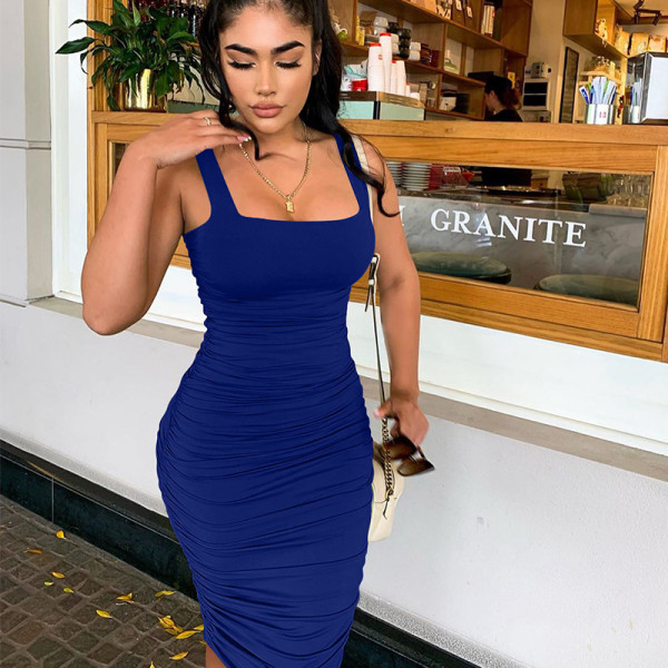 Backless pleated mid skirt dress