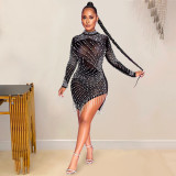 Mesh see through rhinestone tassel round neck long sleeved dress