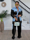 Striped patchwork long sleeved lace up shirt straight leg pants set