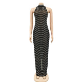 Backless rhinestone see through dress, long skirt