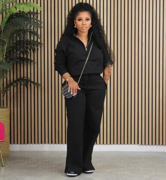 Zipper Half High Collar Top Pants Two Piece Set