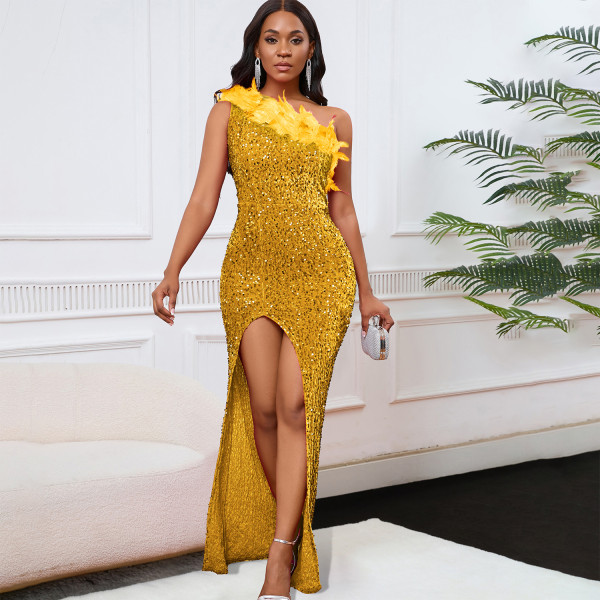 Slanted collar high waist slit sequin long skirt